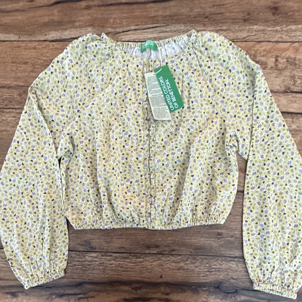 United Colors of Benetton Girls 10-11Y Yellow Purple Floral Long Sleeve Blouse